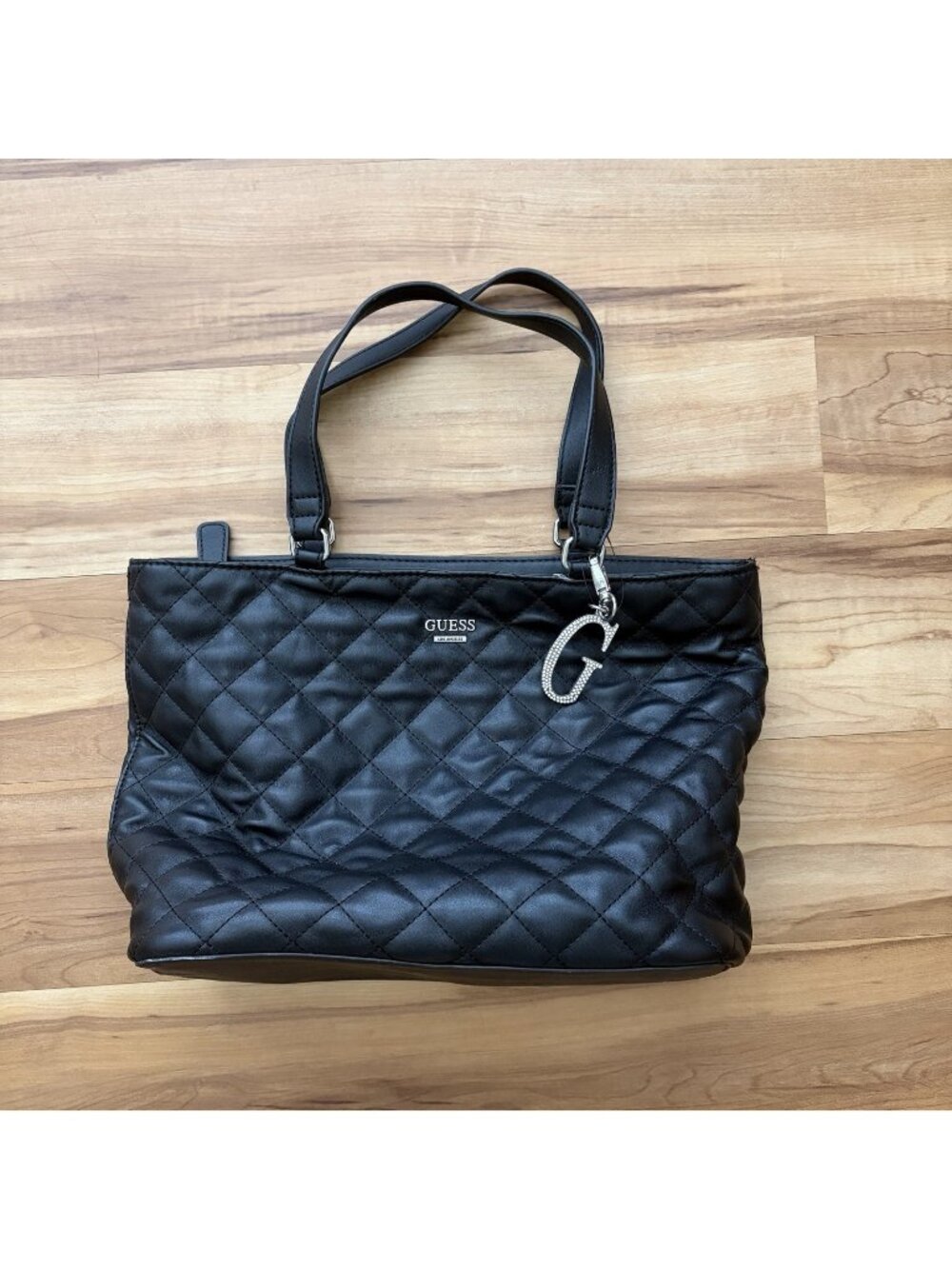 Guess Los Angeles Black Quilted Satchel Purse Handbag Charm EUC